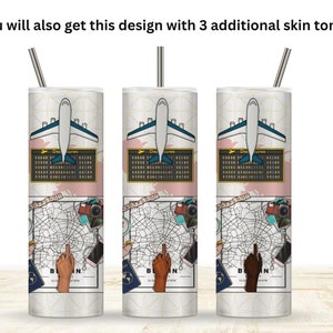 May include: Three stainless steel tumblers with a white background and a design featuring an airplane, a map, and the word "Berlin". The design is available in three different skin tones.