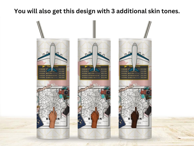 May include: Three stainless steel tumblers with a white background and a design featuring an airplane, a map, and the word "Berlin". The design is available in three different skin tones.