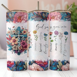 Christian Tumbler Wrap, God Says You Are, Faith Floral Cross Seamless 20oz Skinny Tumbler Sublimation, Instant PNG Download