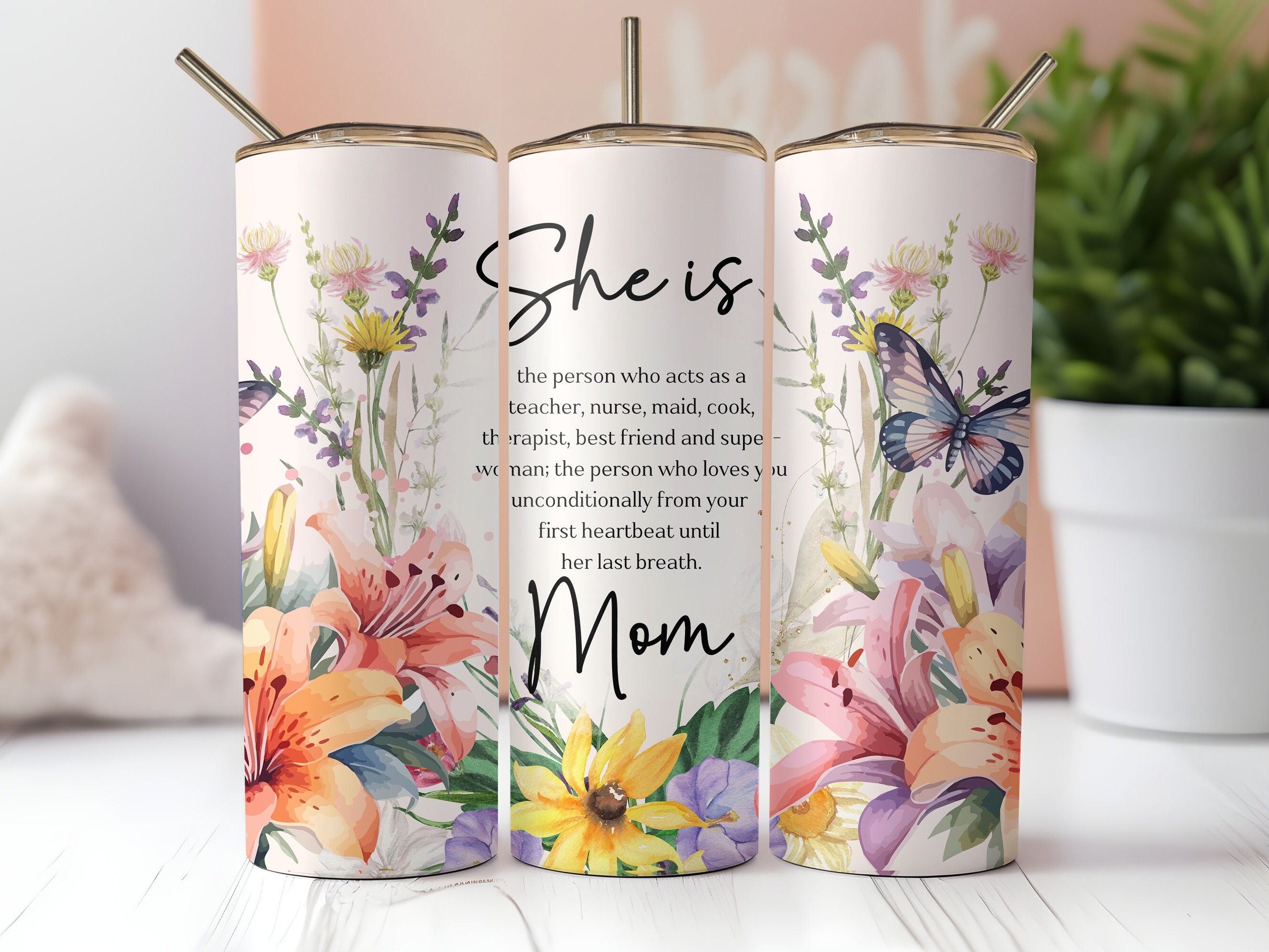 She is Mom Tumbler Wrap, Seamless Flowers Mother's Day 20oz Skinny Tumbler Sublimation, Instant PNG Download
