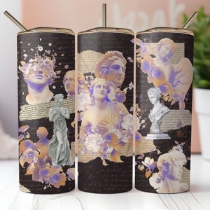 May include: Three stainless steel tumblers with black backgrounds and a collage of images of sculptures and flowers. The flowers are purple and orange. The sculptures are white and gray.