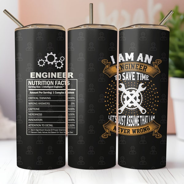Engineer Tumbler Wrap, Engineer Nutrition Facts, Seamless 20oz Skinny Tumbler Sublimation, Instant PNG Download