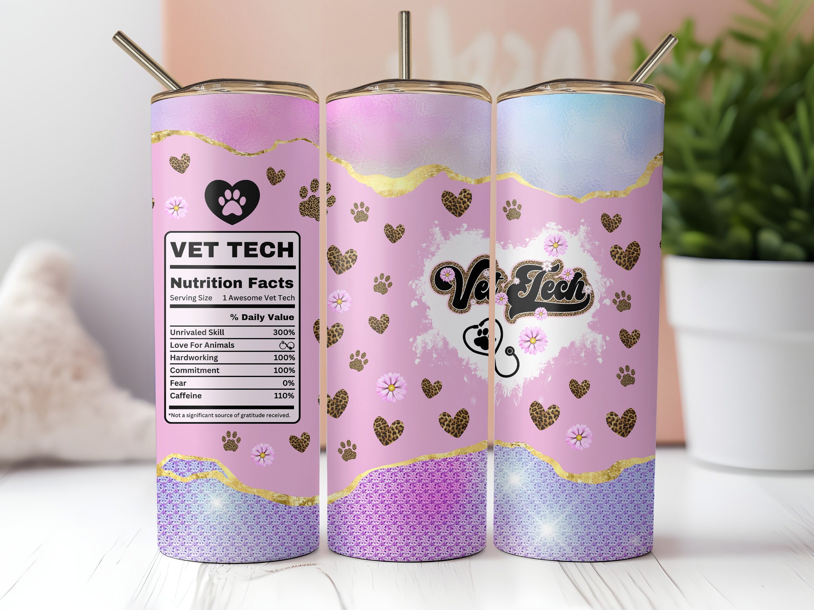 Vet Tech Tumbler Wrap, Vet Tech Nährwertangaben, Nahtloser Leopard Glitter, 20 Unzen Tumbler Sublimation, Sofortiger PNG Download