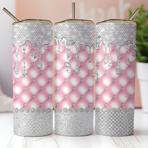 Pink Glam Tumbler Wrap, Diseñador de brillo de goteo de lujo de diamantes Diseño de sublimación de vaso flaco de 20 oz con mechones, Descarga instantánea de PNG