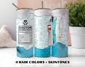 Doctor Tumbler Wrap, Scrubs Colores de cabello personalizados Tonos de piel Información nutricional Brillo sin costuras, Sublimación de vaso de 20 oz, Descarga instantánea de PNG