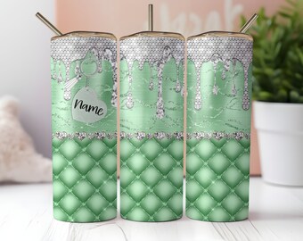 Glam Luxe Tumbler Wrap, Aggiungi il tuo nome Personalizzato Verde menta Glitter Bling Portachiavi Tufted 20oz Skinny Tumbler Sublimazione, Download PNG istantaneo