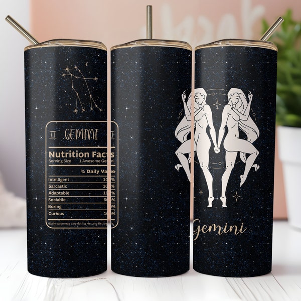 Gemini Zodiac Tumbler Wrap, Nutritional Facts Seamless Glitter 20oz Skinny Tumbler Sublimation, Instant PNG Download