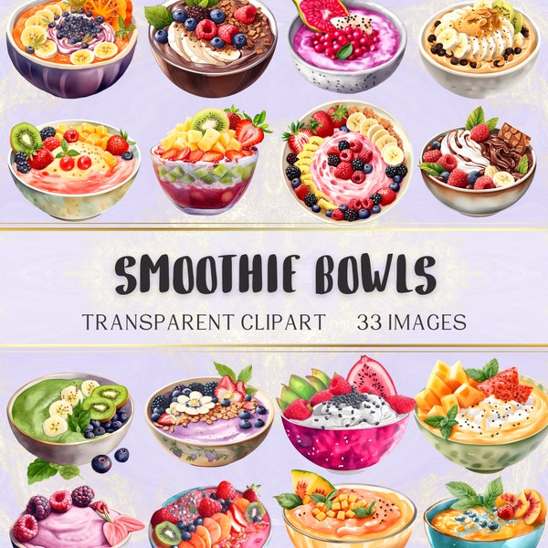 Smoothie Schalen Clipart, Gesundes Frühstück Obst Clipart Bundle, digitale Aufkleber, kommerzielle Transparente Hintergrund PNG, Instant Download