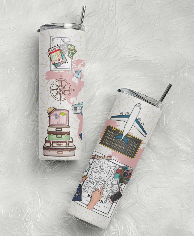 May include: Two stainless steel travel tumblers with a travel theme. One tumbler features a pink world map with a compass, suitcases, and a hat. The other tumbler features a map of Berlin, a plane, and a camera.