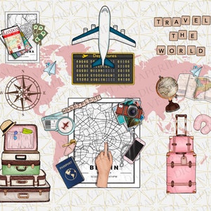 May include: A pink world map with travel-themed illustrations, including a compass, a globe, a plane, a suitcase, a passport, a map of Berlin, and a departure board. The text "TRAVEL THE WORLD" is displayed in white letters on black tiles.