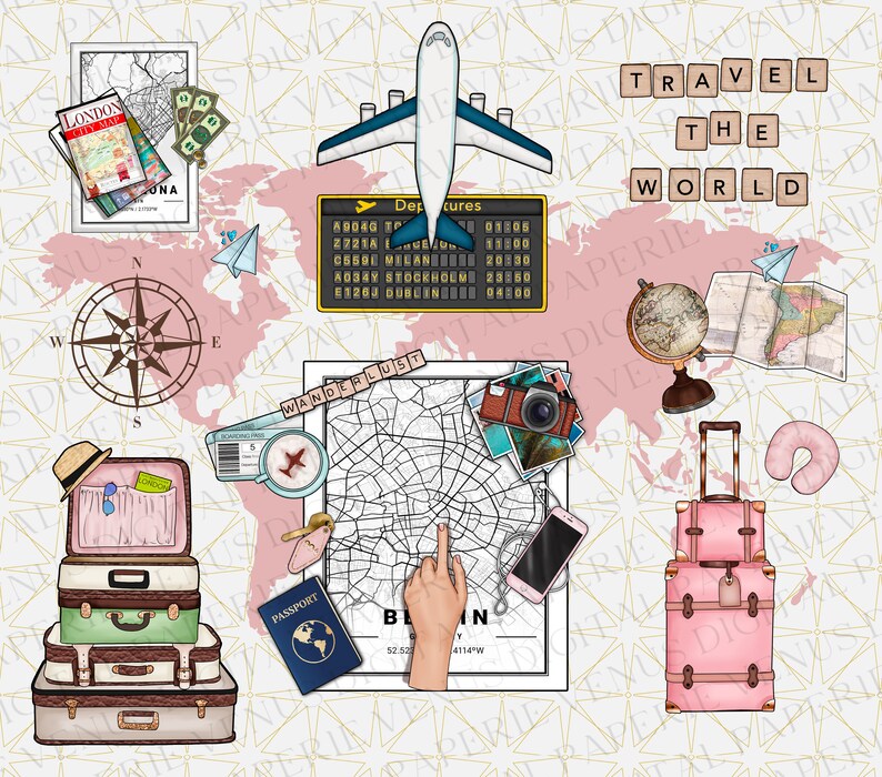 May include: A pink world map with travel-themed illustrations, including a compass, a globe, a plane, a suitcase, a passport, a map of Berlin, and a departure board. The text "TRAVEL THE WORLD" is displayed in white letters on black tiles.