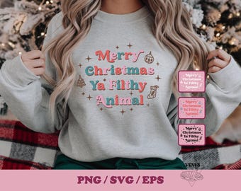Buon Natale Ya Filthy Animal SVG PNG EPS / File di taglio con frase natalizia retrò / Design divertente per maglietta natalizia / Citazione festiva rossa e verde