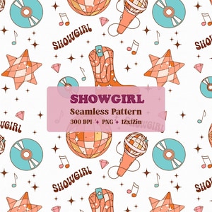 May include: Seamless pattern with a retro theme. The design features orange cowboy boots, disco balls, microphones, stars, and musical notes on a white background. The word "SHOWGIRL" is repeated throughout the design.
