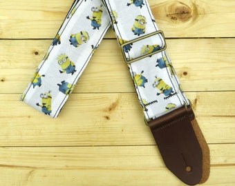 Minions Fabric Guitar strap for Acoustic Electric or Bass Guitar with Deluxe Leather Ends