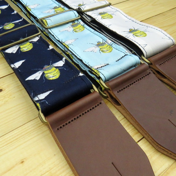 Bees Pattern Fabric Guitar strap for Acoustic Electric or Bass Guitar with Deluxe Leather Ends