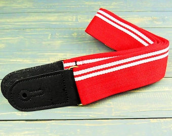 Red and White Retro Cotton Racing Stripe Vegan Guitar and Bass Adjustable Strap with Cork Ends