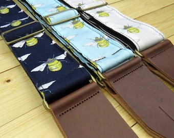 Bees Pattern Fabric Guitar strap for Acoustic Electric or Bass Guitar with Deluxe Leather Ends