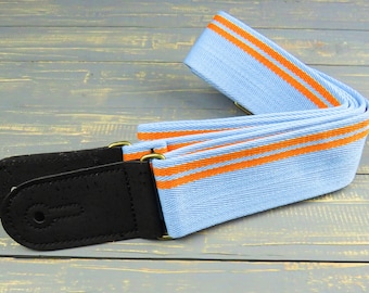 Blue and Orange Retro Cotton Racing Stripe Vegan Guitar and Bass Adjustable Strap with Cork Ends