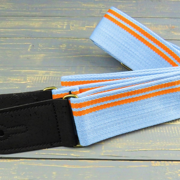 Blue and Orange Retro Cotton Racing Stripe Vegan Guitar and Bass Adjustable Strap with Cork Ends