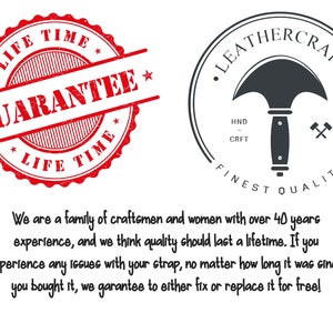 May include: A red and white distressed stamp with the text "LIFE TIME GUARANTEE LIFE TIME" and a black and white logo with a leather crafting tool, the text "LEATHERCRAFT", and the text "FINEST QUALITY".