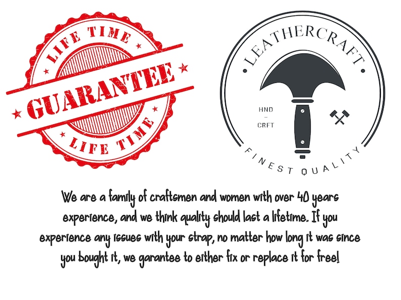 May include: A red and white distressed stamp with the text "LIFE TIME GUARANTEE LIFE TIME" and a black and white logo with a leather crafting tool, the text "LEATHERCRAFT", and the text "FINEST QUALITY".