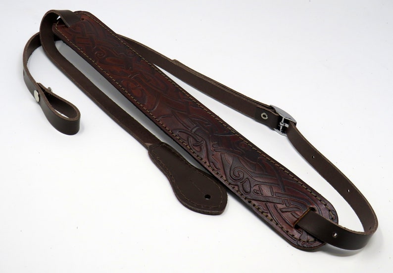 Ukulele or Mandolin Padded Shoulder Strap with Embossed Celtic Pattern in Brown image 2