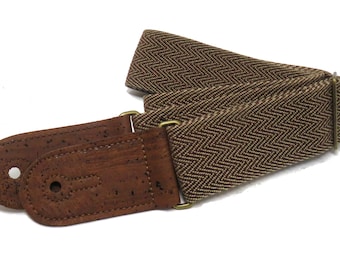 Brown Retro Cotton Tweed Vegan Guitar and Bass Adjustable Strap with Cork Ends