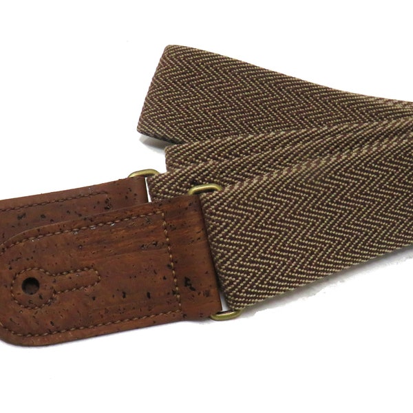 Brown Retro Cotton Tweed Vegan Guitar and Bass Adjustable Strap with Cork Ends