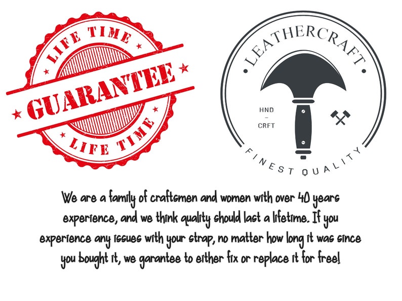Może przedstawiać: Czerwona i biała stemplowana pieczęć z tekstem "LIFE TIME GUARANTEE LIFE TIME" oraz czarno-białe logo z narzędziem do obr&oacute;bki sk&oacute;ry, tekstem "LEATHERCRAFT" i tekstem "FINEST QUALITY".