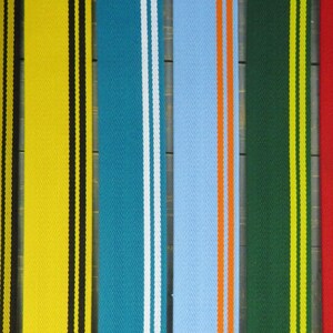May include: Six different striped fabric straps with various color combinations. The straps are black and yellow, yellow and black, teal and white, light blue and orange, dark green and yellow, and red and white.