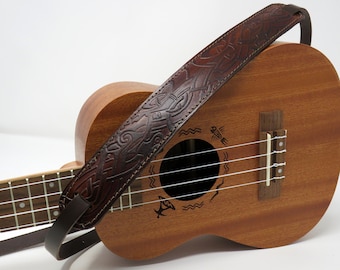 Ukulele or Mandolin Padded Shoulder Strap with Embossed Celtic Pattern in Brown