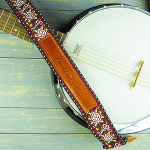 Handmade Irish Celtic Hemp Banjo Strap by VTAR, Made With Vegan Leather.  Faux Leather Ends beige Hemp 