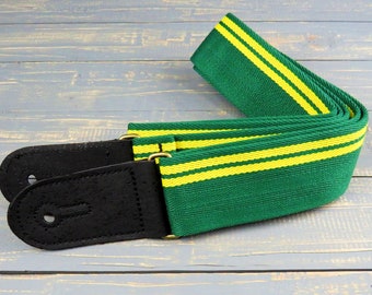 Green and Yellow Retro Cotton Racing Stripe Vegan Guitar and Bass Adjustable Strap with Cork Ends