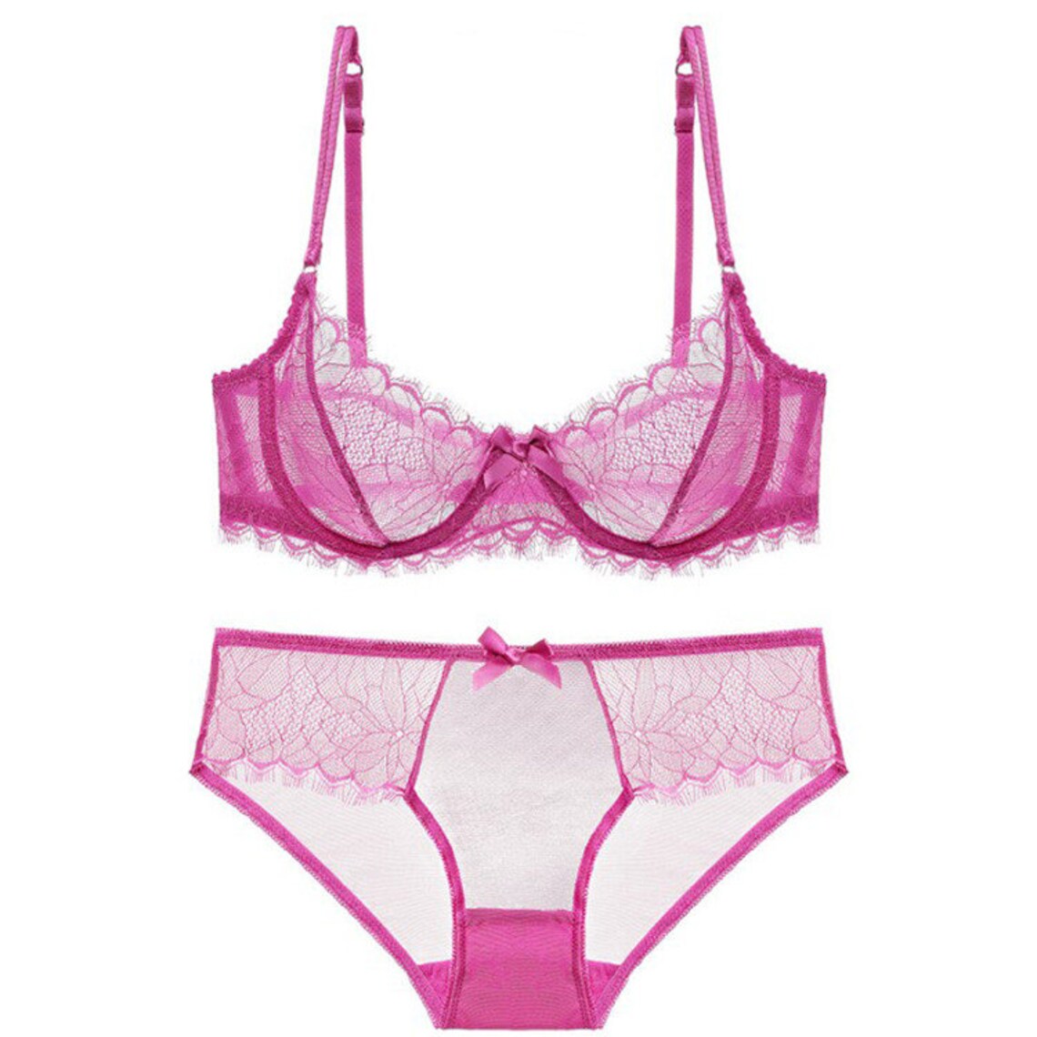 See Through Bra and Panty Set Sheer Lace Lingerie Pink