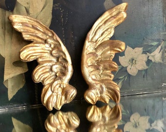 Pair of beautiful hand carved wooden wings hand painted in gilded gold foil/ vintage angel hand carved wings/ religious angel art/