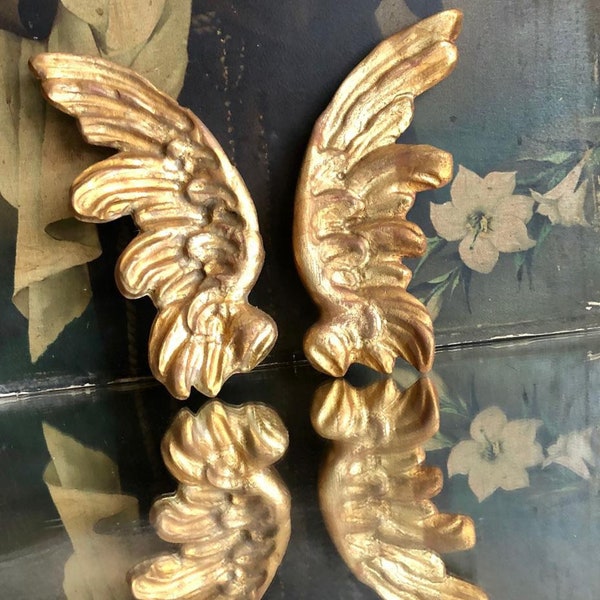 Pair of beautiful hand carved wooden wings hand painted in gilded gold foil/ vintage angel hand carved wings/ religious angel art/