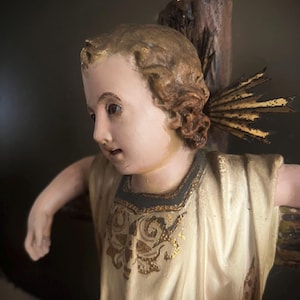 Antique Jesus child on the cross-glass eyes-religious Spanish art-Olot