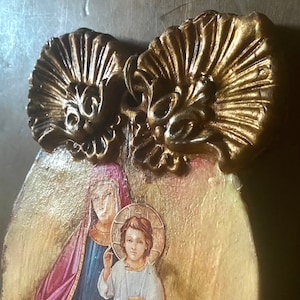 Beautiful antique holy water stoup/ antique religious wall hanging art/antique Spanish virgin altar/vintage Madonna pottery