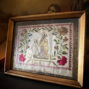 Very rare vintage Early 19th century silk embroidered religious needlework paper of San Jose & Jesus Child/ St. Joseph religious Silkwork