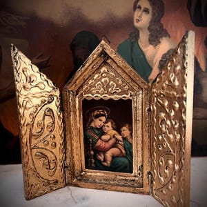 GOLDEN TRIPTYCH Virgin Mary with gorgeous design.Spanish religious art.Altar.Antique decor.VIntage Religious altar.