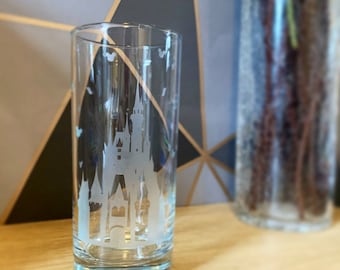 Hand etched castle highball glass