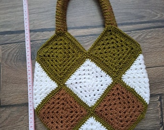 Handmade Crochet handbag. Brown white green granny square shopping  Halloween birthday Christmas present mothers day gift girlfriend