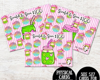 Pink Matcha Scratch & Save Savings Challenge Cards: Pastel Holographic Planner Inserts