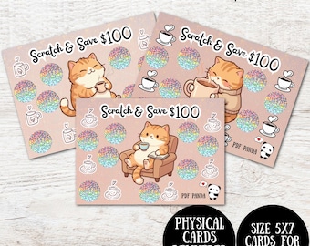Coffee Kitty Scratch & Save Savings Challenge Cards: Pastel Holographic Planner Inserts