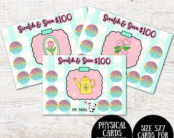 Pastel Garden Scratch & Save 100 Dollars Savings Challenge Cards (Physical Product)