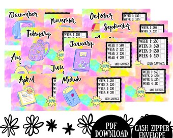 Neonbesparingsuitdaging jaren 90 | 12 maanden afdrukbaar (pdf-download)