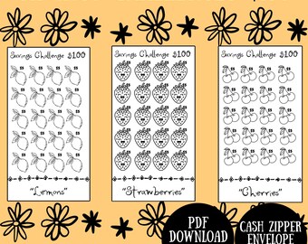 Spaaruitdagingen | Afdrukbaar | Pdf direct downloaden | 100 dollar | FruitThema| Citroenen | Aardbeien | Kersen | Zwart-wit |