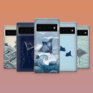 May include: Five phone cases with manta ray designs. The cases display different artistic styles, such as starry skies, ocean waves, and cloudscapes. Each case has a unique colour palette, primarily using blue and white hues.