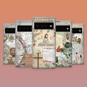 May include: A set of phone cases with religious imagery. Each case displays a different design, including images of Jesus, butterflies, flowers, and Bible verses. The cases have a vintage, collage-style appearance.