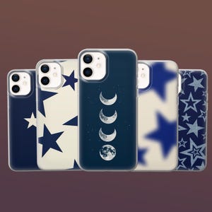 Moon Navy Blue Phone Case Y2K Stars Cover for iPhone 17, 16E, 15, 14, 13 Pixel 10, 9A, 9Pro, 8A, 8Pro, 7A Samsung S25, S24fe, S23 A16, A56